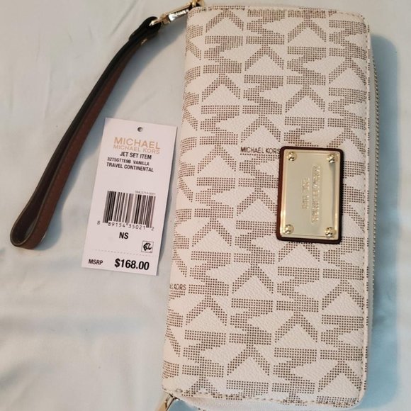 Michael Kors Handbags - Michael Kors 'Jet Set' Faux Leather Wallet Vanilla